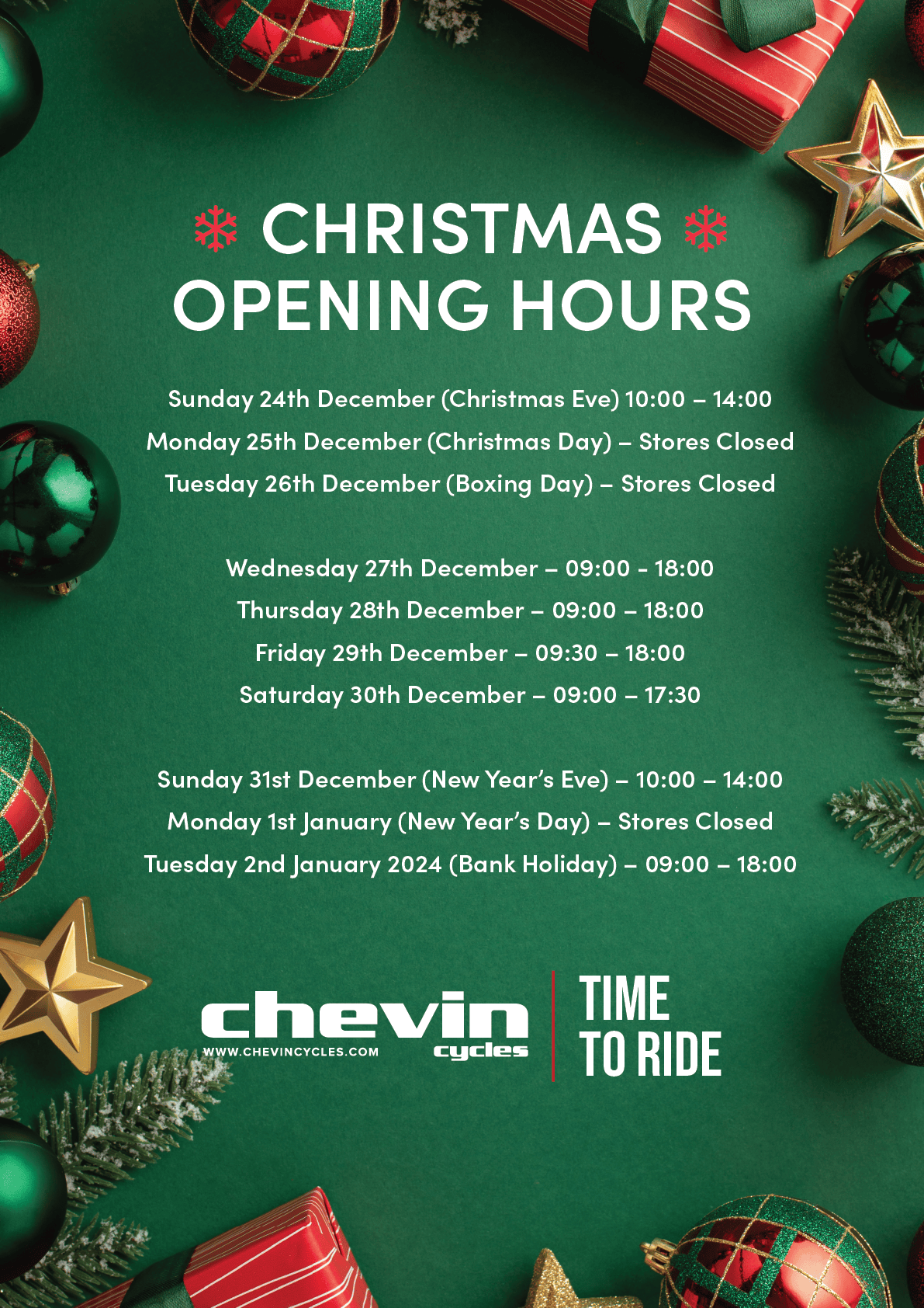 Christmas & New Year Store Trading Hours Chevin Cycles Hub
